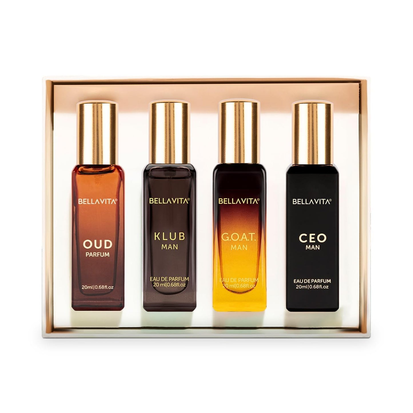 Bella Vita Luxury Long Lasting Men Gift Set | Perfume for Man | 4x20ml | Gifts for Men | Woody, Citrusy, Oud, Premium Fragrance Scent | KLUB, OUD, CEO, G.O.A.T
