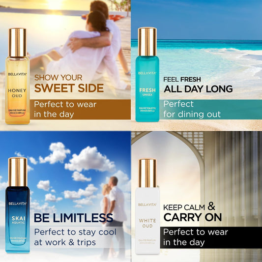 Bella Vita Luxury Long Lasting Unisex Perfume Gift Set | 4x20ml Perfume for Man & Woman | Woody, Aquatic, Sweet, Premium Fragrance Scent | SKAI, FRESH, WHITEOUD, HONEY OUD | Gifts for Men and Women