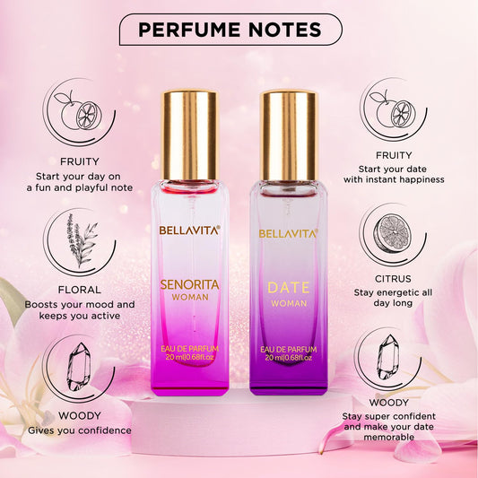 Bella Vita Luxury Date & Senorita Women Long Lasting | Perfume for Woman | EDP 2x20ml | Jasmine, Vanilla, Lotus & Musk | Floral, Fruity and Woody Premium Fragrance Scent