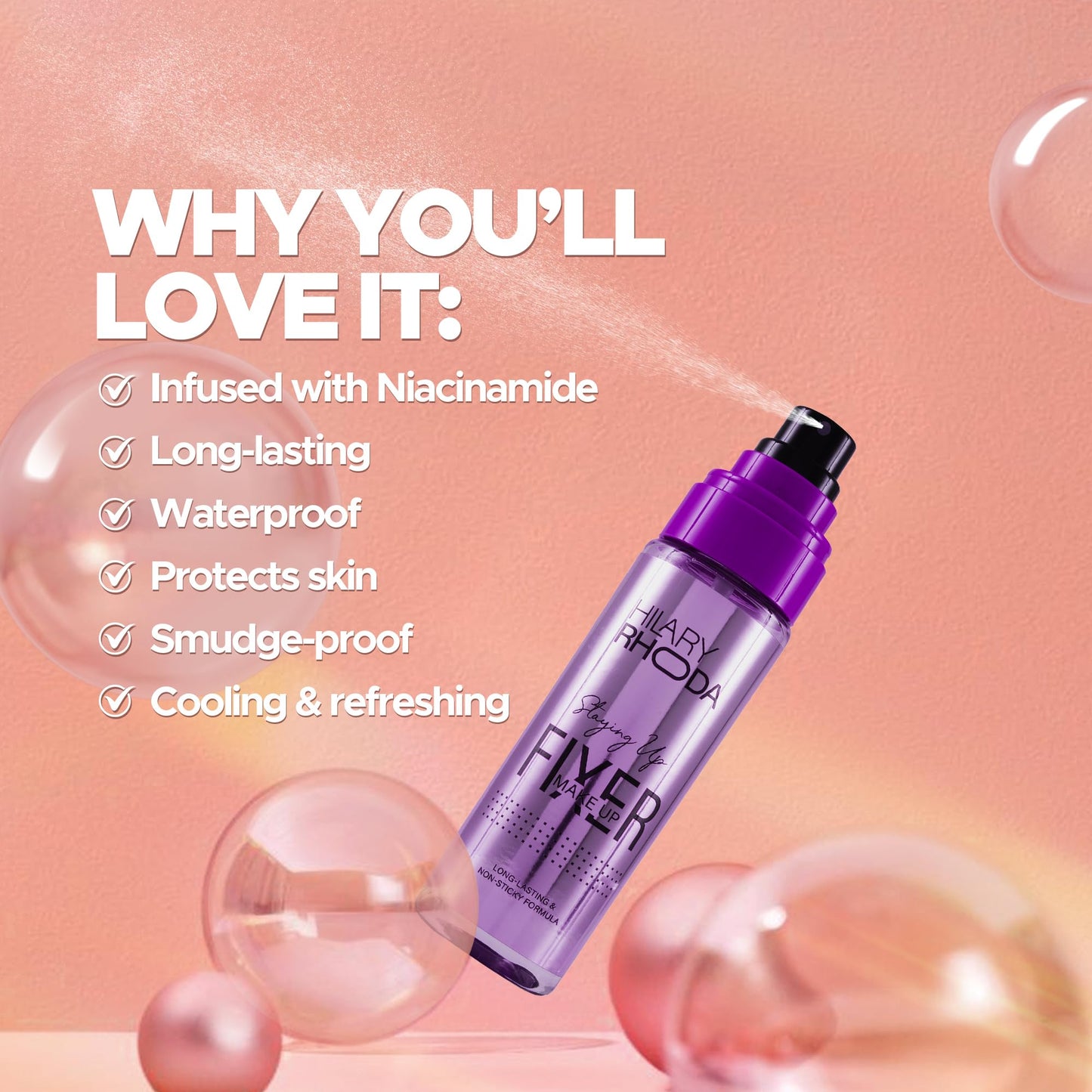 Hilary Rhoda Staying Up Makeup Fixer | Infused with Niacinamide | Hydrating & Refreshing Setting Spray | Smudge-Proof Makeup Fixer | Waterproof & Non-Sticky Formula | 105ml