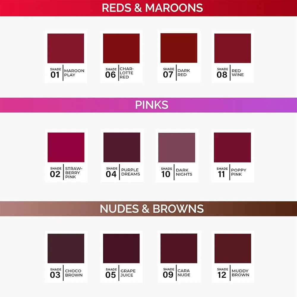 Glam21 Loaded Lips Matte Lip Liner | Set Of 12 | Long-Lasting | Waterproof | Transfer-Proof Matte Finish | One-Stroke Color Application | Non-Drying, 1.1gm Each