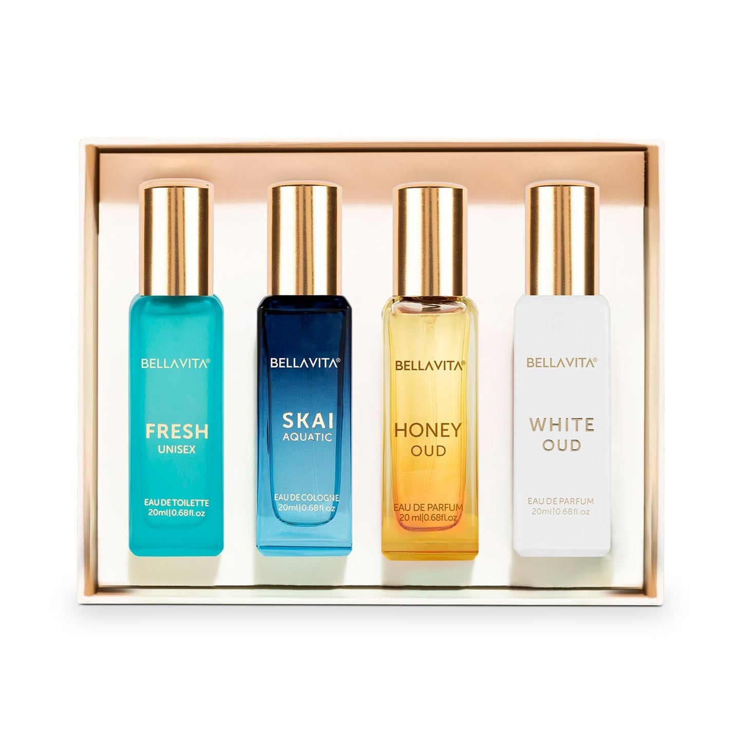 Bella Vita Luxury Long Lasting Unisex Perfume Gift Set | 4x20ml Perfume for Man & Woman | Woody, Aquatic, Sweet, Premium Fragrance Scent | SKAI, FRESH, WHITEOUD, HONEY OUD | Gifts for Men and Women