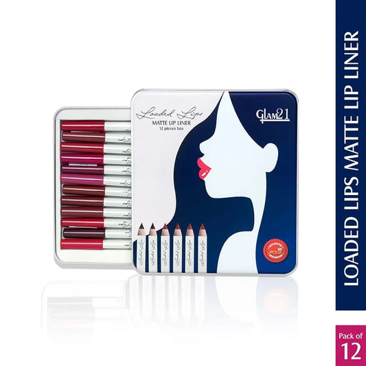 Glam21 Loaded Lips Matte Lip Liner | Set Of 12 | Long-Lasting | Waterproof | Transfer-Proof Matte Finish | One-Stroke Color Application | Non-Drying, 1.1gm Each