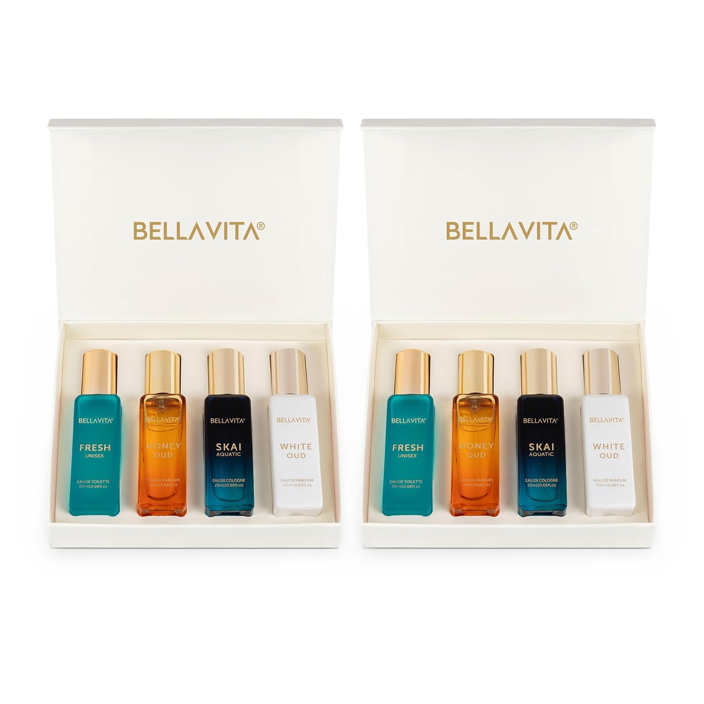 Bella Vita Luxury Long Lasting Unisex Perfume Gift Set | 4x20ml Perfume for Man & Woman | Woody, Aquatic, Sweet, Premium Fragrance Scent | SKAI, FRESH, WHITEOUD, HONEY OUD | Gifts for Men and Women