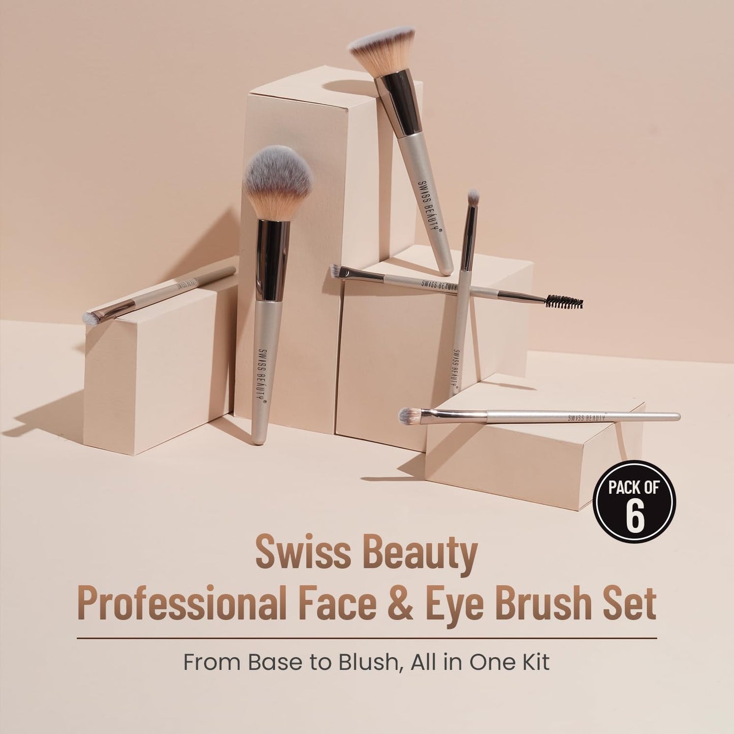 Swiss Beauty Professional Face & Eye Brush Set of 6 with Synthetic Fibres and Easy Blending For Cream, Liquid & Powder Formulation