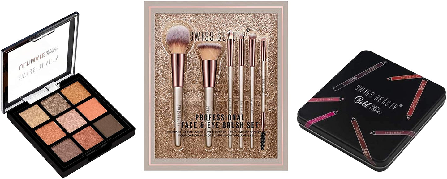 SWISS BEAUTY SB-F01, Professional Face Eye Brush Set, Silver (Pack Of 6) & Make-Up Fixer & Ultimate Eyeshadow Palette Kit-3 Sb-706, Shade-03-Multicolor