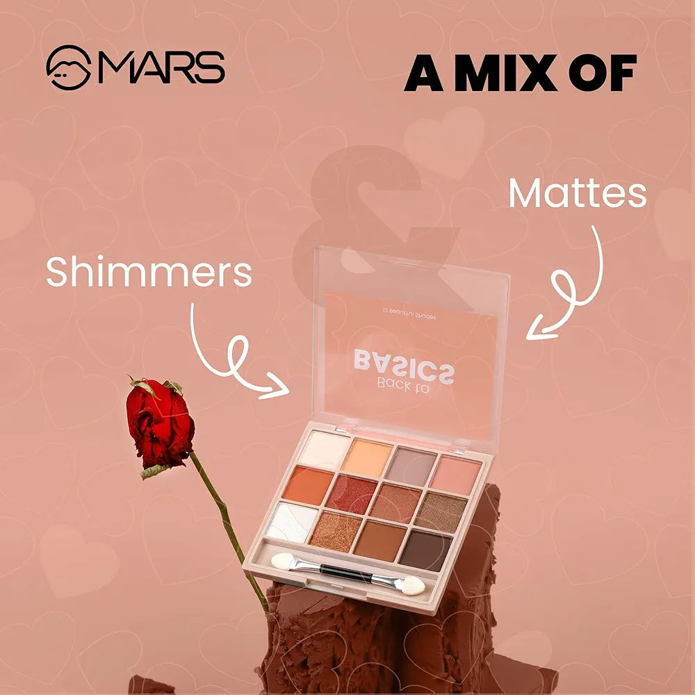 MARS 12 Shades Back to Basics Eyeshadow Palette with Free Applicator | Matte | Shimmer | Beginner Friendly & Long Lasting Eye Shadow Palette  