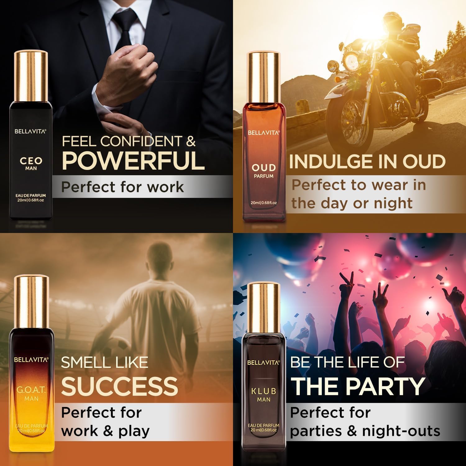 Bella Vita Luxury Long Lasting Men Gift Set | Perfume for Man | 4x20ml | Gifts for Men | Woody, Citrusy, Oud, Premium Fragrance Scent | KLUB, OUD, CEO, G.O.A.T