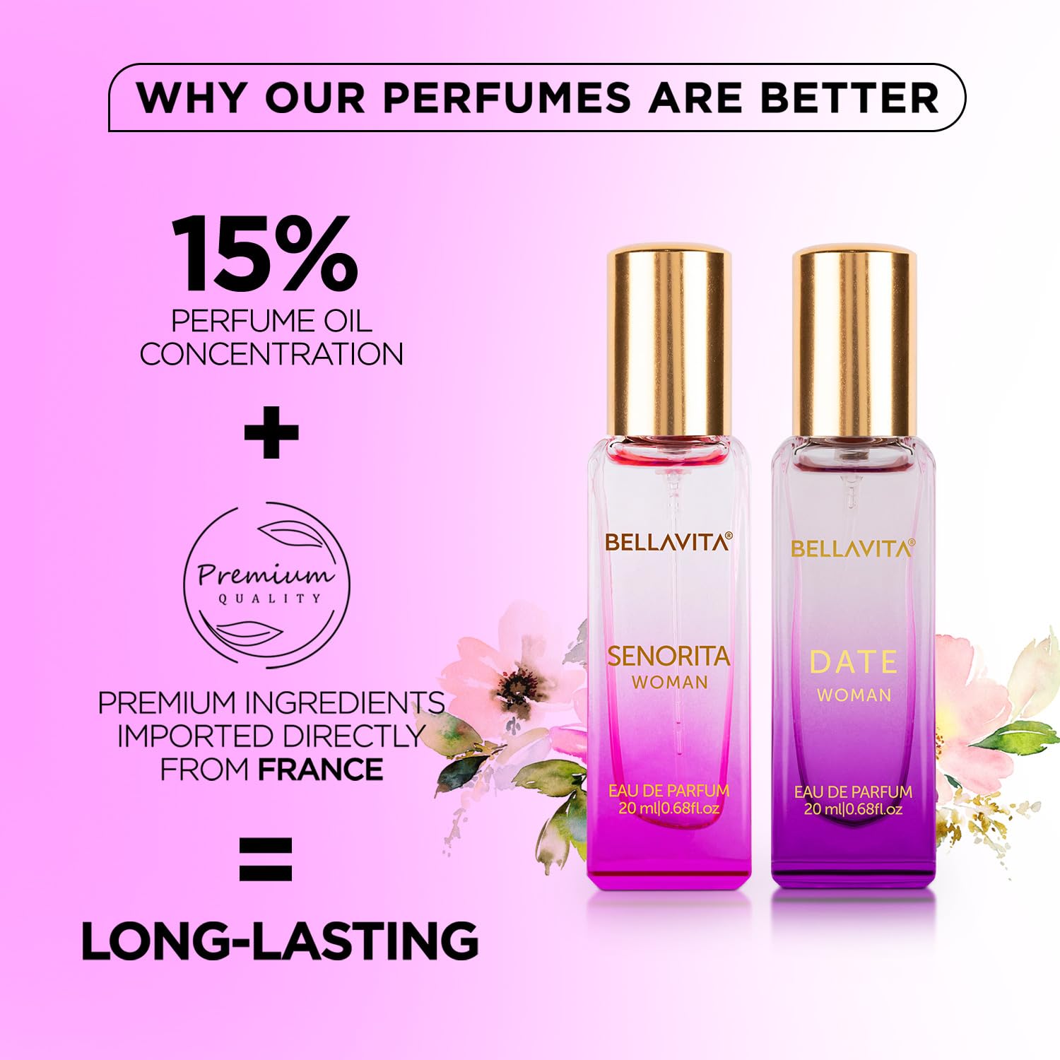 Bella Vita Luxury Date & Senorita Women Long Lasting | Perfume for Woman | EDP 2x20ml | Jasmine, Vanilla, Lotus & Musk | Floral, Fruity and Woody Premium Fragrance Scent