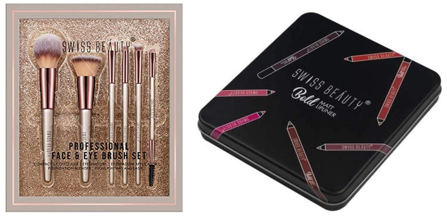 SWISS BEAUTY SB-F01, Professional Face Eye Brush Set, Silver (Pack Of 6) & Make-Up Fixer & Ultimate Eyeshadow Palette Kit-3 Sb-706, Shade-03-Multicolor