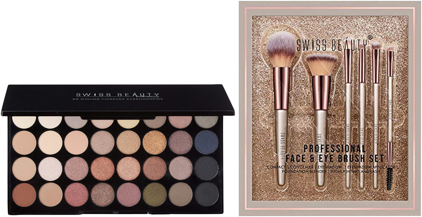 SWISS BEAUTY SB-F01, Professional Face Eye Brush Set, Silver (Pack Of 6) & Make-Up Fixer & Ultimate Eyeshadow Palette Kit-3 Sb-706, Shade-03-Multicolor