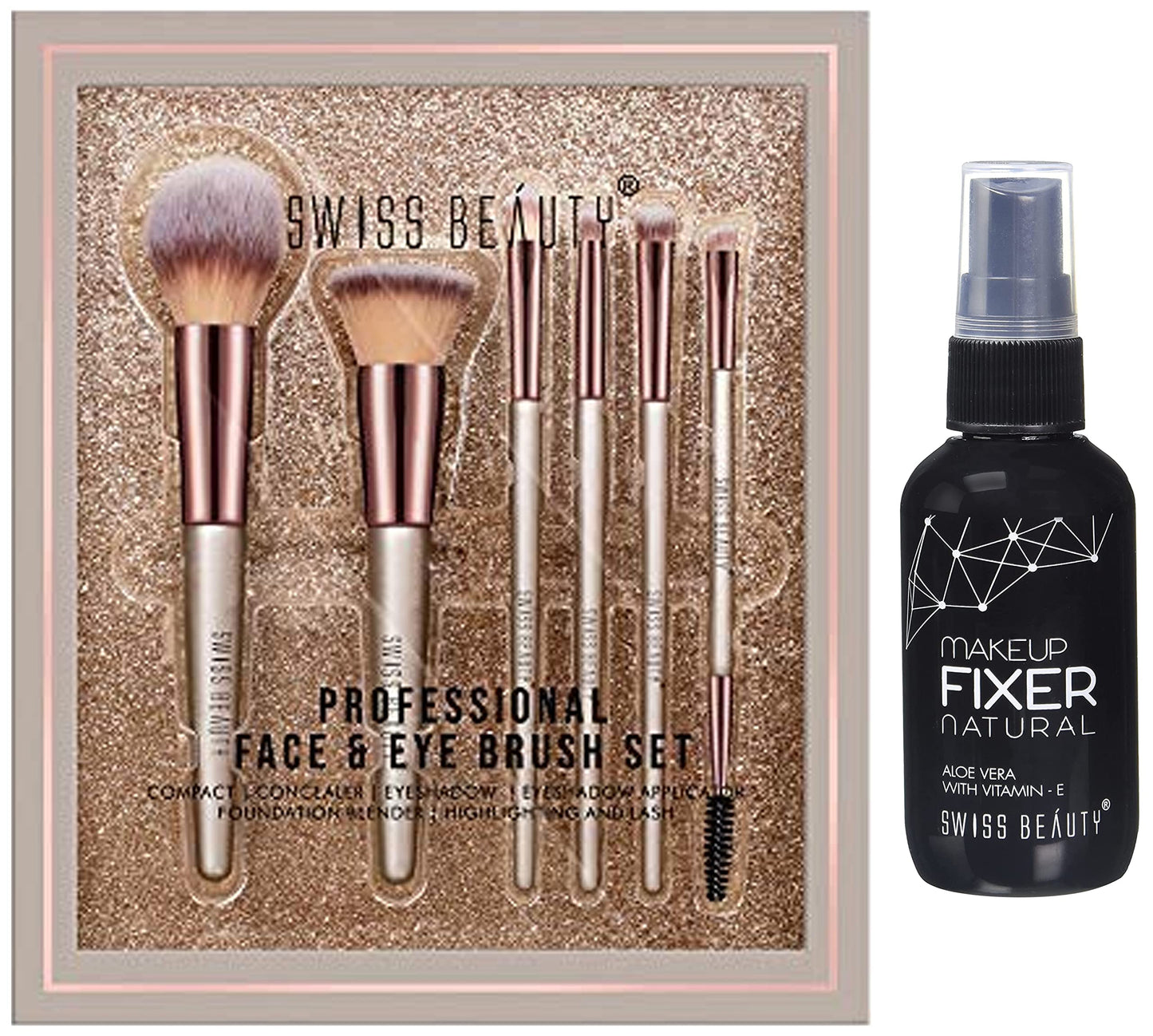 SWISS BEAUTY SB-F01, Professional Face Eye Brush Set, Silver (Pack Of 6) & Make-Up Fixer & Ultimate Eyeshadow Palette Kit-3 Sb-706, Shade-03-Multicolor