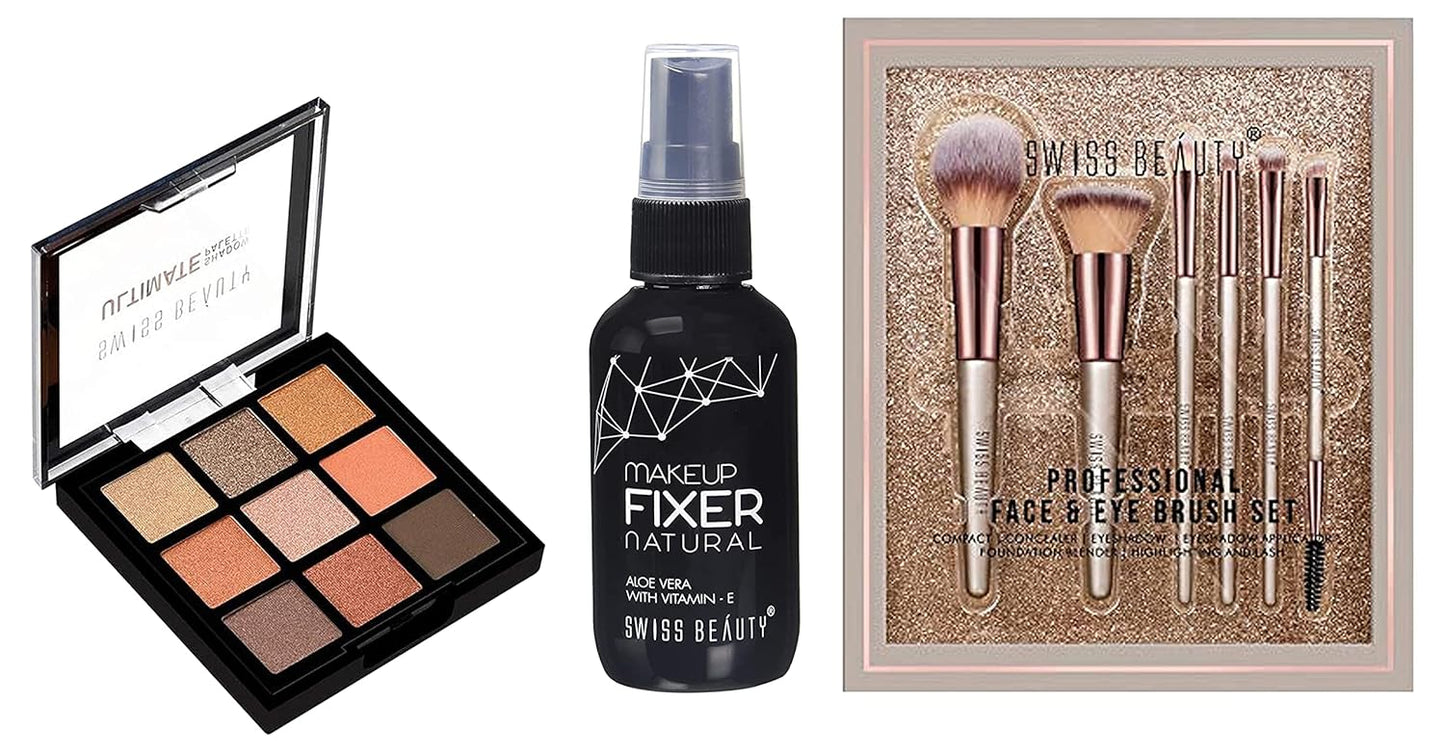 SWISS BEAUTY SB-F01, Professional Face Eye Brush Set, Silver (Pack Of 6) & Make-Up Fixer & Ultimate Eyeshadow Palette Kit-3 Sb-706, Shade-03-Multicolor